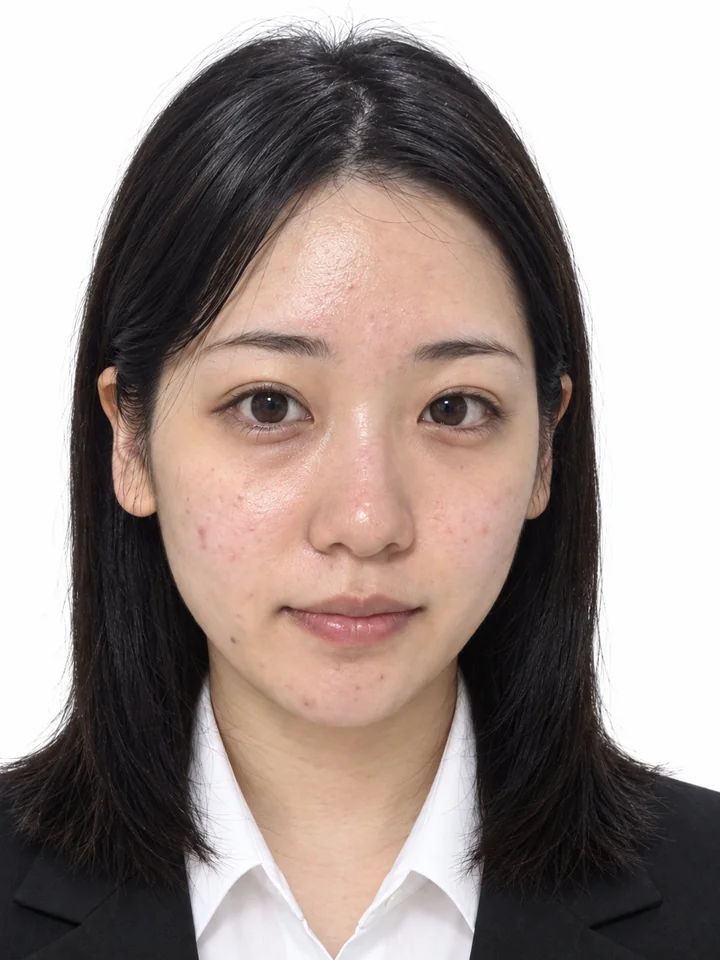 肌はそのままで作成した証明写真。頬とあごのニキビ、赤み、テカリが残っている