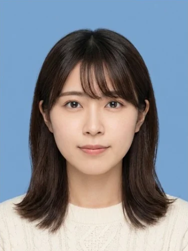 AI で作成した、青い背景の証明写真