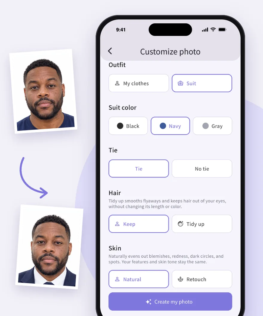 A photo made from a selfie in a T-shirt, and the same photo made again with a business suit, next to the app screen for choosing the outfit, suit color, tie, hair and skin